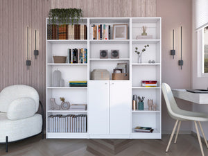 HomeRoots Set of Three White Modular Bookcases – Five-Tier Design with Concealed Storage for Stylish Organization 546615