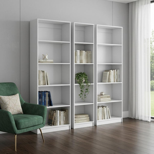HomeRoots Set of Three Stylish White Wood Five-Tier Bookcases for Elegant Storage & Display in Any Room 546616