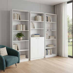HomeRoots Set of Three Elegant White Wood Five-Tier Modular Bookcases with Doors for Custom Organization 546617