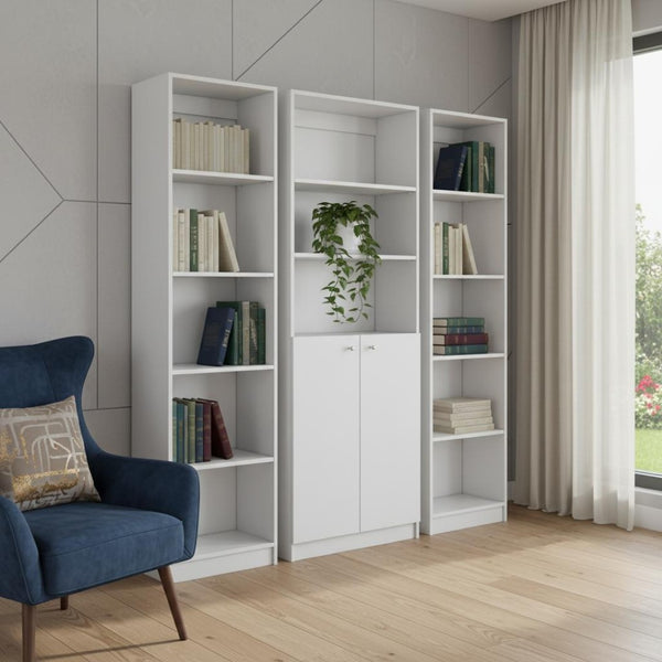HomeRoots Set of Three Stylish White Modular Bookcases - Five Tiers with Two-Door Storage for Versatile Organization 546618