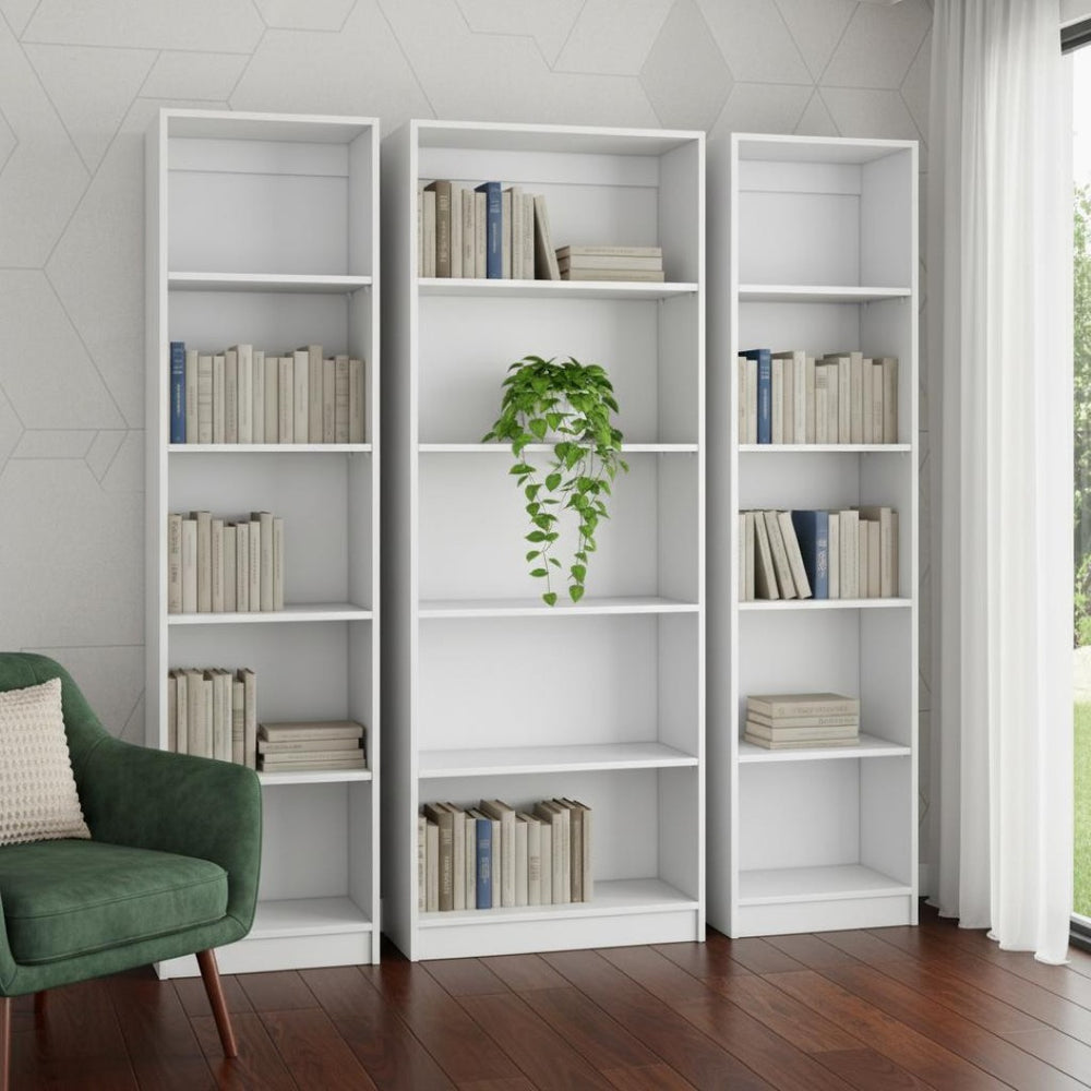 HomeRoots Set of Three White Wood Five-Tier Modular Bookcases - Sleek, Space-Saving Storage for Any Room 546619