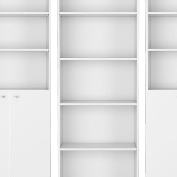 HomeRoots Set of Three Elegant White Wood Five-Tier Modular Bookcases with Doors for Stylish Storage Solutions 546620