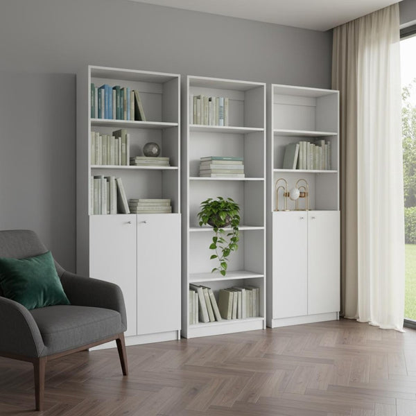 HomeRoots Set of Three Elegant White Wood Five-Tier Modular Bookcases with Doors for Stylish Storage Solutions 546620