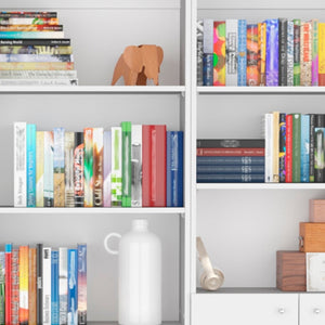 HomeRoots Set of Three Elegant White Wood Five-Tier Modular Bookcases with Doors for Stylish Storage Solutions 546620