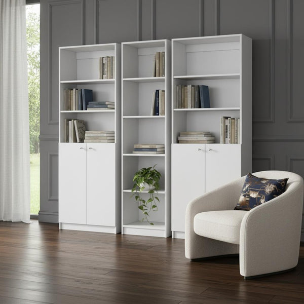 HomeRoots Set of Three White Wood Modular Bookcases - Stylish Five-Tier Shelves with Hidden Storage Doors 546621