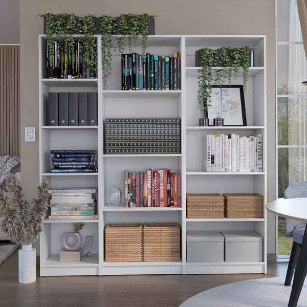 HomeRoots Set of Three White Wood Modular Bookcases - Elegant 14-Tier Storage for Modern Home & Office Design 546625