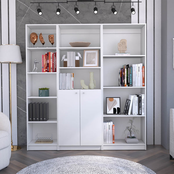HomeRoots Set of Three White Wood Modular Bookcases - Stylish Twelve-Tier Storage with Doors for Any Room 546626