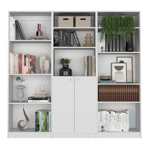 HomeRoots Set of Three White Wood Modular Bookcases – Twelve-Tier Storage with Doors for Stylish Organization 546627