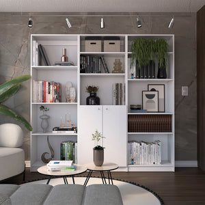 HomeRoots Set of Three White Wood Modular Bookcases – Twelve-Tier Storage with Doors for Stylish Organization 546627