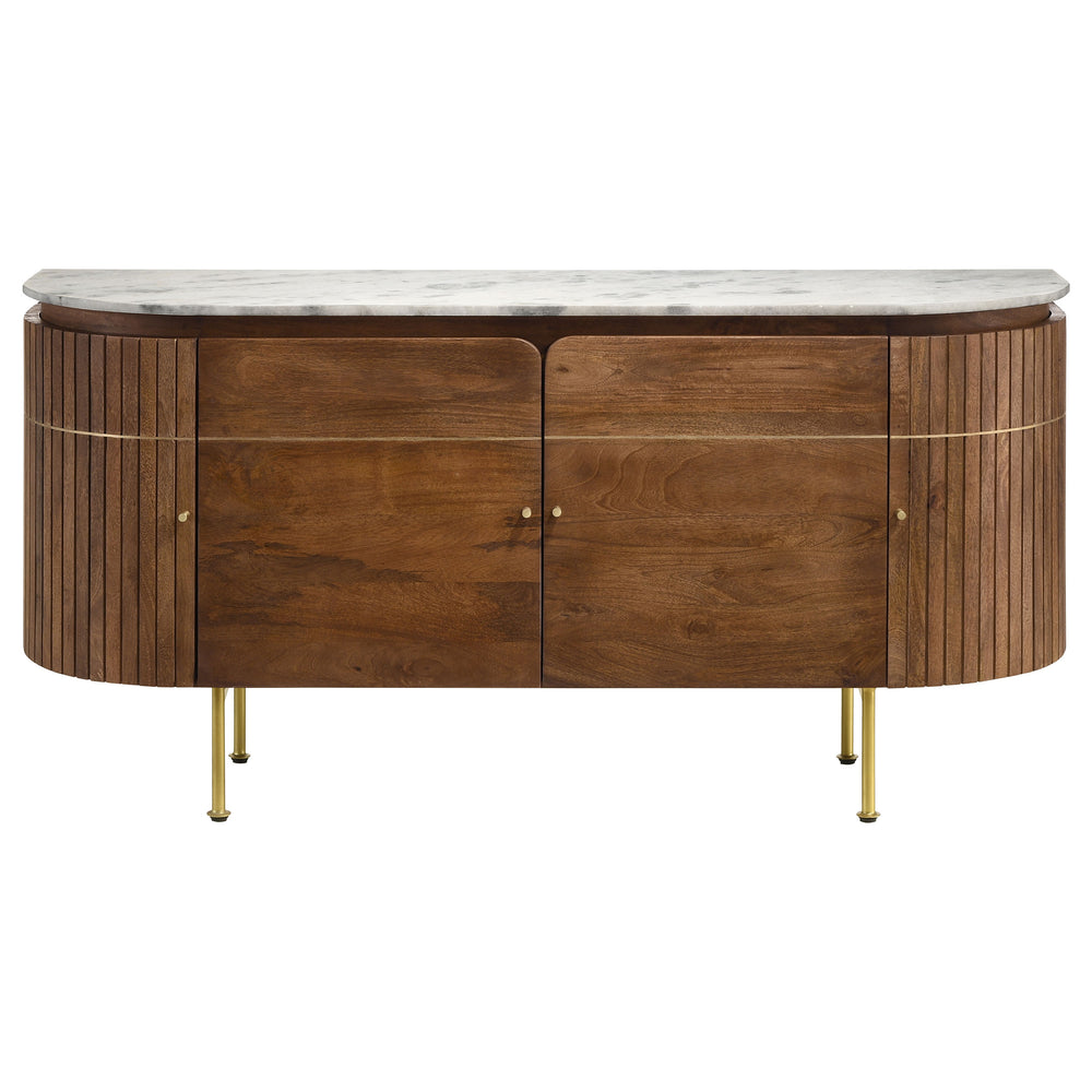 English Elm Feast Natural 4-door Sideboard Buffet Cabinet with White Marble Top, Mango Wood, Brass Inlay, 63" B062P342730