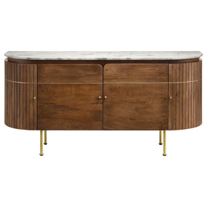 English Elm Feast Natural 4-door Sideboard Buffet Cabinet with White Marble Top, Mango Wood, Brass Inlay, 63" B062P342730