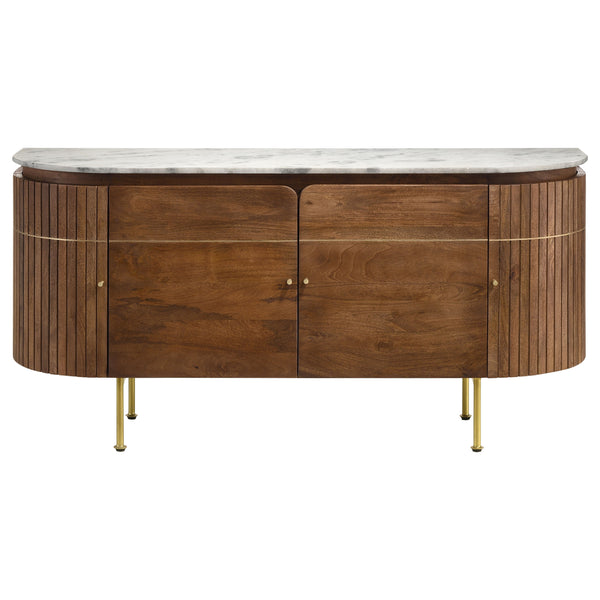 English Elm Feast Natural 4-door Sideboard Buffet Cabinet with White Marble Top, Mango Wood, Brass Inlay, 63" B062P342730