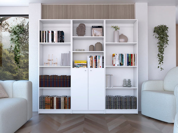 HomeRoots Set of Three White Wood Modular Bookcases – Elegant Eleven-Tier Design with Two Doors for Clutter-Free Spaces 546630