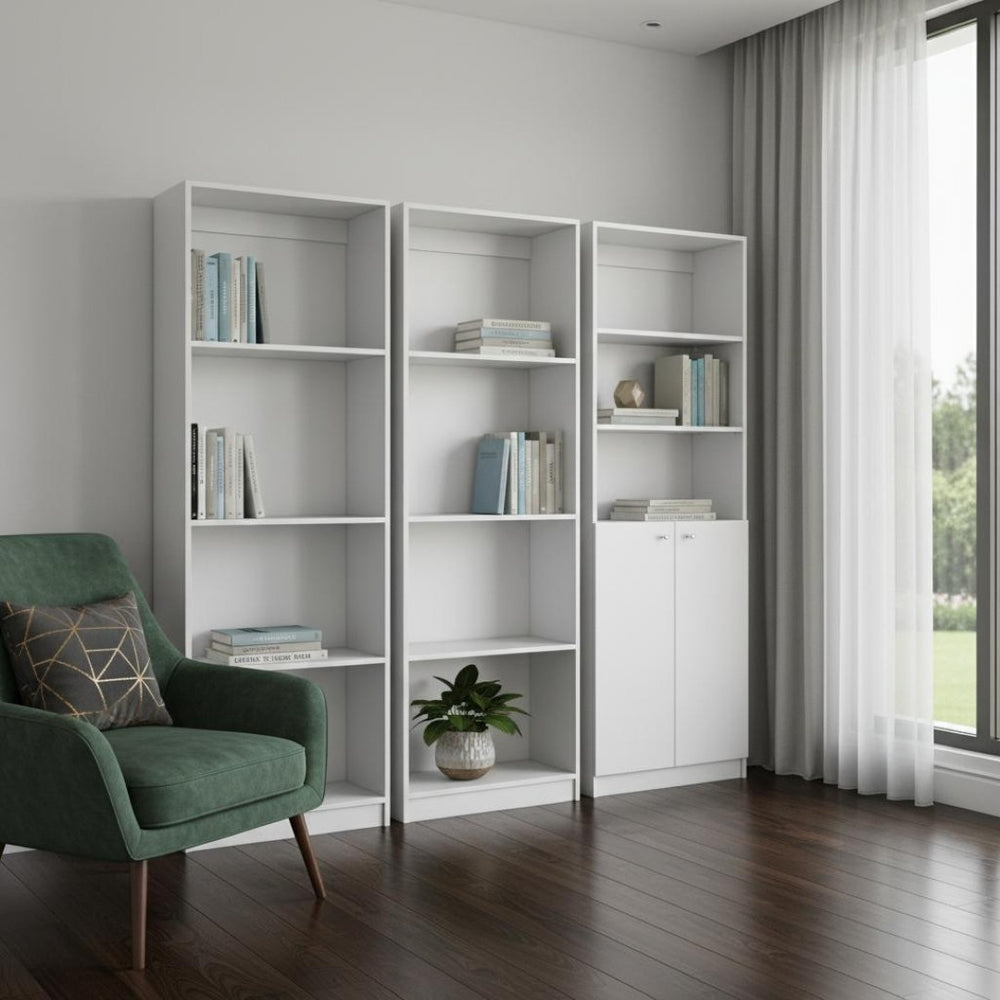 HomeRoots Set of Three White Wood Modular Bookcases – Elegant Eleven-Tier Design with Two Doors for Clutter-Free Spaces 546630