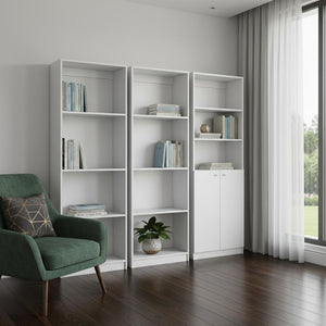 HomeRoots Set of Three White Wood Modular Bookcases – Elegant Eleven-Tier Design with Two Doors for Clutter-Free Spaces 546630