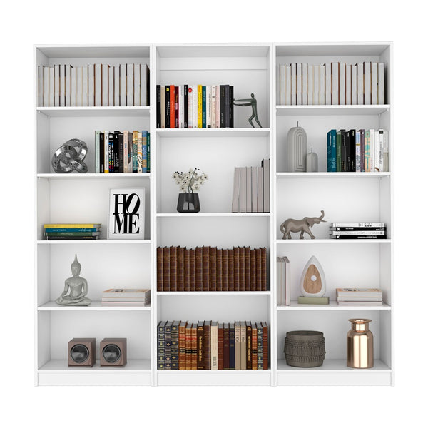 HomeRoots Set of Three White Wood Modular Bookcases – Stylish 14-Tier Shelving for Modern Home Organization 546631