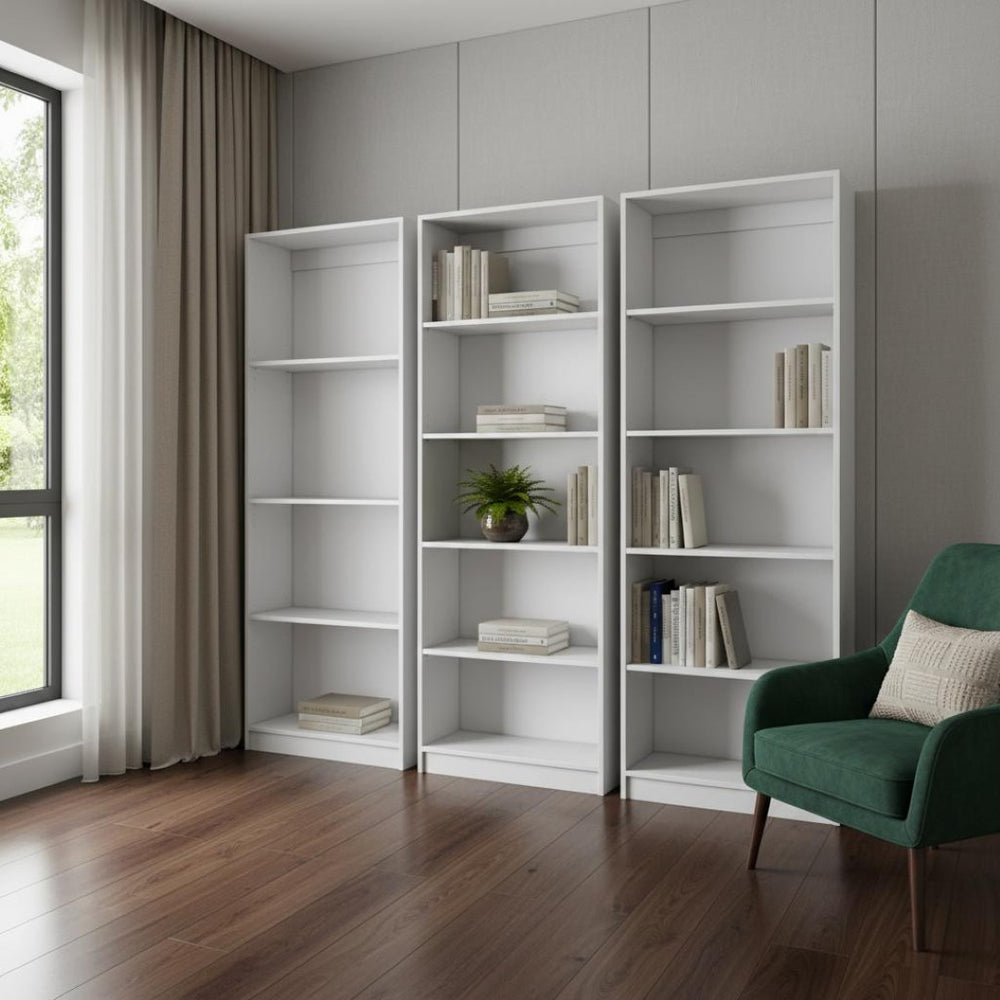 HomeRoots Set of Three White Wood Modular Bookcases – Stylish 14-Tier Shelving for Modern Home Organization 546631
