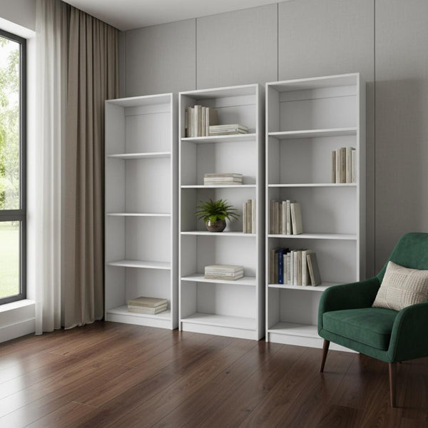HomeRoots Set of Three White Wood Modular Bookcases – Stylish 14-Tier Shelving for Modern Home Organization 546631