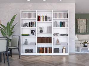 HomeRoots Set of Three White Wood Modular Bookcases – Stylish 14-Tier Shelving for Modern Home Organization 546631