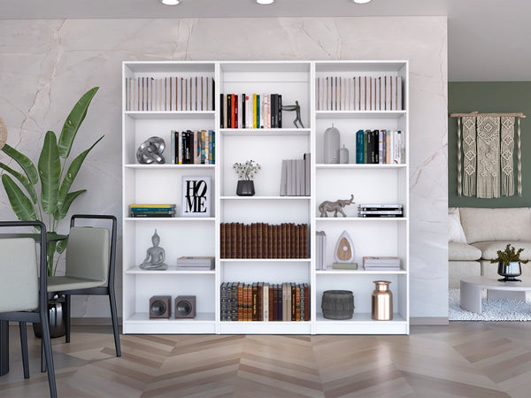 HomeRoots Set of Three White Wood Modular Bookcases – Stylish 14-Tier Shelving for Modern Home Organization 546631
