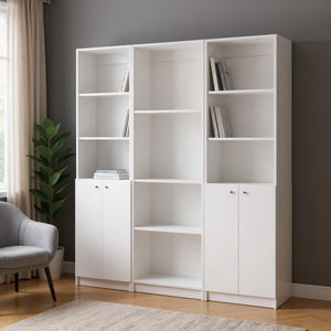 HomeRoots Set of Three Elegant White Wood Modular Bookcases - Ten-Tier Storage with Four Doors for Style! 546633