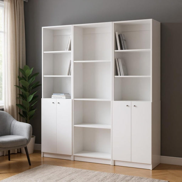 HomeRoots Set of Three Elegant White Wood Modular Bookcases - Ten-Tier Storage with Four Doors for Style! 546633