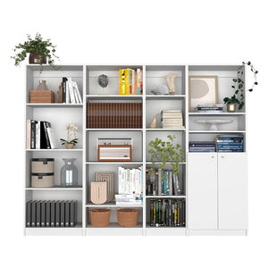 HomeRoots Set of Four Modular White Wood Bookcases - 17-Tier Storage Solution with Concealed Doors & Style 546634