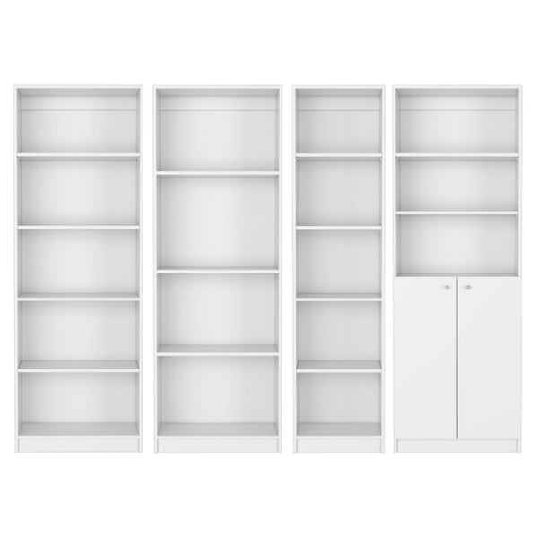 HomeRoots Set of Four Modular White Wood Bookcases - 17-Tier Storage Solution with Concealed Doors & Style 546634