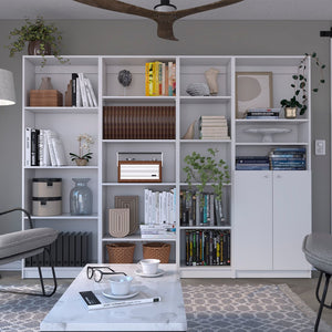 HomeRoots Set of Four Modular White Wood Bookcases - 17-Tier Storage Solution with Concealed Doors & Style 546634