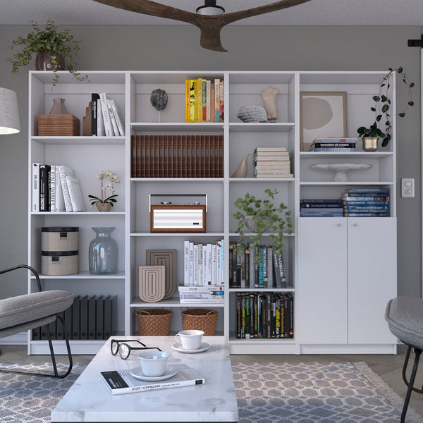 HomeRoots Set of Four Modular White Wood Bookcases - 17-Tier Storage Solution with Concealed Doors & Style 546634