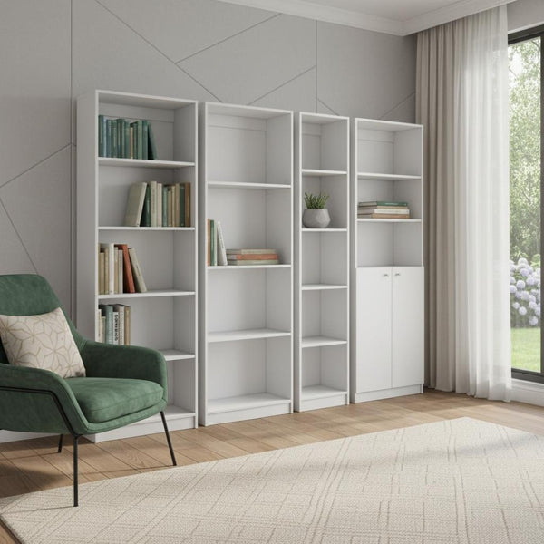HomeRoots Set of Four Modular White Wood Bookcases - 17-Tier Storage Solution with Concealed Doors & Style 546634