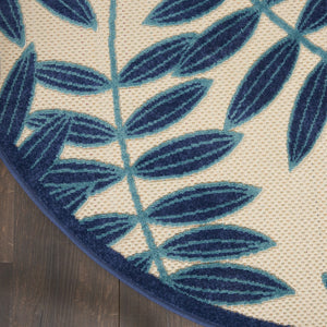 HomeRoots 5' Navy Blue and Beige Round Palm Leaf Rug - Durable Indoor Outdoor Area Rug for Coastal Charm 5' X 5' 546650