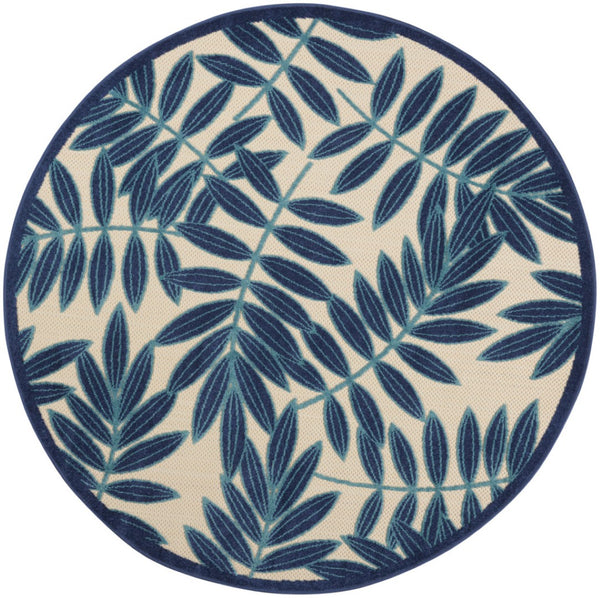 HomeRoots 5' Navy Blue and Beige Round Palm Leaf Rug - Durable Indoor Outdoor Area Rug for Coastal Charm 5' X 5' 546650