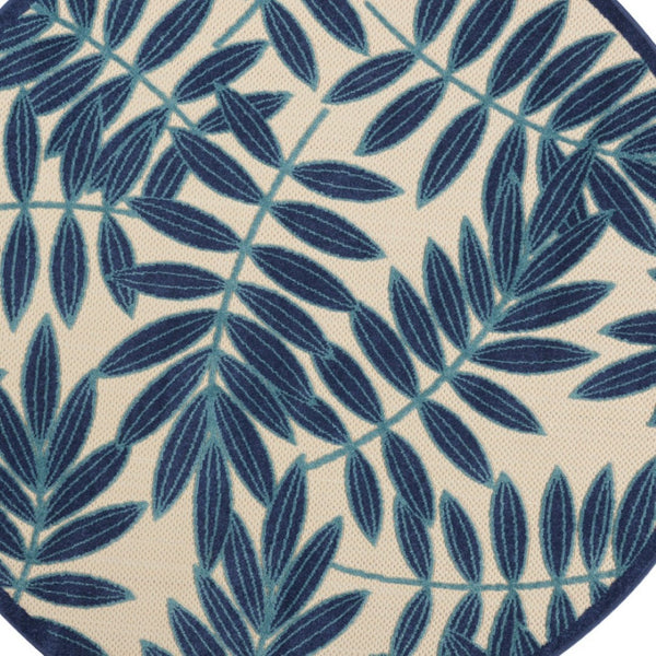 HomeRoots 5' Navy Blue and Beige Round Palm Leaf Rug - Durable Indoor Outdoor Area Rug for Coastal Charm 5' X 5' 546650