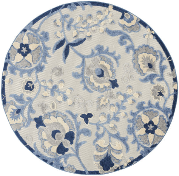 HomeRoots 5' Durable Blue and Gray Round Floral Rug – Stylish Indoor/Outdoor Area Mat for High Traffic Spaces 546651