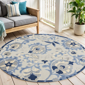 HomeRoots 5' Durable Blue and Gray Round Floral Rug – Stylish Indoor/Outdoor Area Mat for High Traffic Spaces 546651