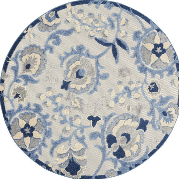 HomeRoots 5' Durable Blue and Gray Round Floral Rug – Stylish Indoor/Outdoor Area Mat for High Traffic Spaces 546651