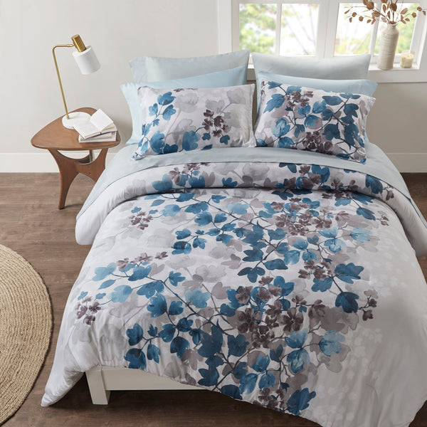 JLA Home Madison Park Essentials - Comforter ultra-soft botanical microfiber set with coordinating sheets, bonus pillowcases, built-in pockets for bedside storage and fade-resistant design 90 L x 80 W x 1.5H MPE10-1055