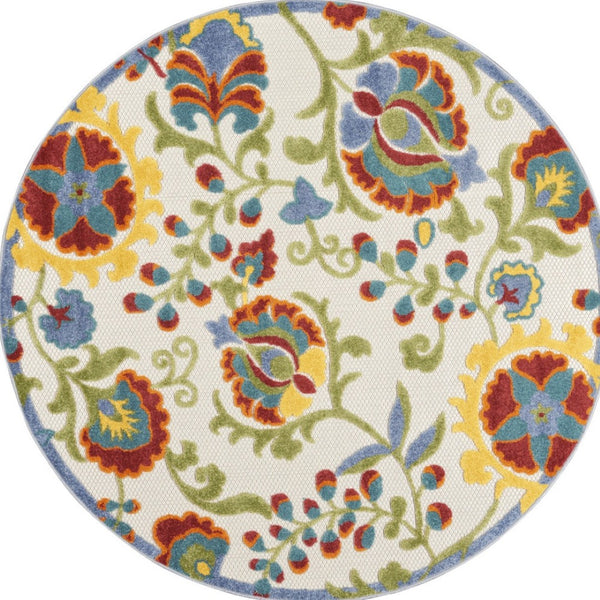 HomeRoots 5' Round Floral Indoor Outdoor Area Rug – Vibrant Ivory Base with Red, Green, Blue & Yellow Accents 546659