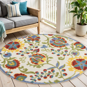 HomeRoots 5' Round Floral Indoor Outdoor Area Rug – Vibrant Ivory Base with Red, Green, Blue & Yellow Accents 546659
