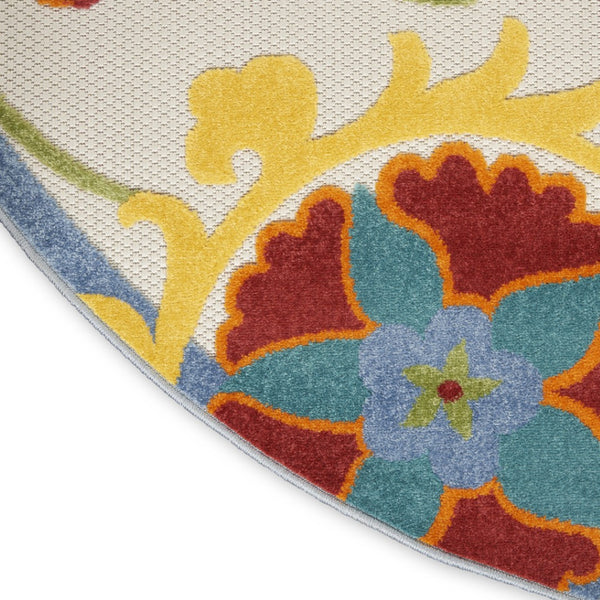 HomeRoots 5' Round Floral Indoor Outdoor Area Rug – Vibrant Ivory Base with Red, Green, Blue & Yellow Accents 546659