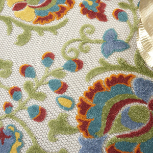 HomeRoots 5' Round Floral Indoor Outdoor Area Rug – Vibrant Ivory Base with Red, Green, Blue & Yellow Accents 546659