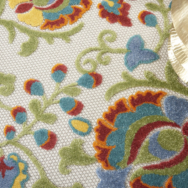 HomeRoots 5' Round Floral Indoor Outdoor Area Rug – Vibrant Ivory Base with Red, Green, Blue & Yellow Accents 546659