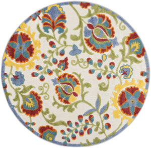 HomeRoots 5' Round Floral Indoor Outdoor Area Rug – Vibrant Ivory Base with Red, Green, Blue & Yellow Accents 546659