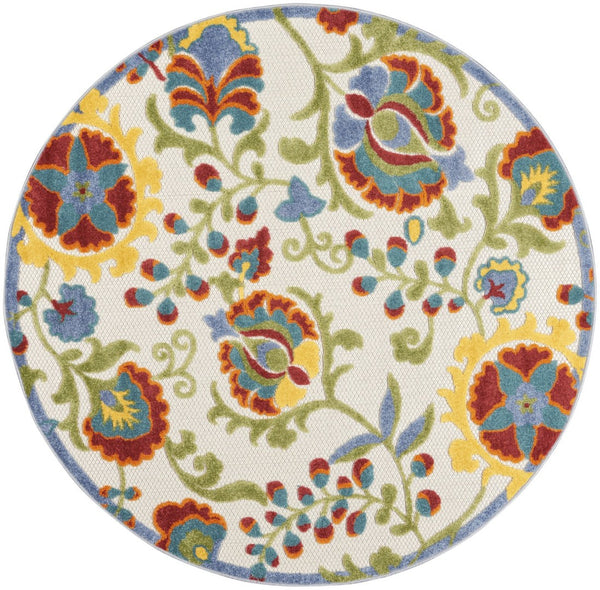 HomeRoots 5' Round Floral Indoor Outdoor Area Rug – Vibrant Ivory Base with Red, Green, Blue & Yellow Accents 546659