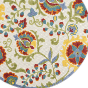 HomeRoots 5' Round Floral Indoor Outdoor Area Rug – Vibrant Ivory Base with Red, Green, Blue & Yellow Accents 546659