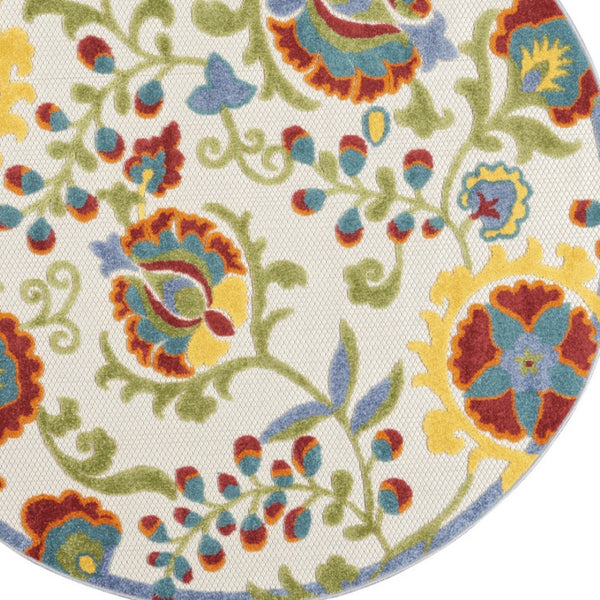 HomeRoots 5' Round Floral Indoor Outdoor Area Rug – Vibrant Ivory Base with Red, Green, Blue & Yellow Accents 546659