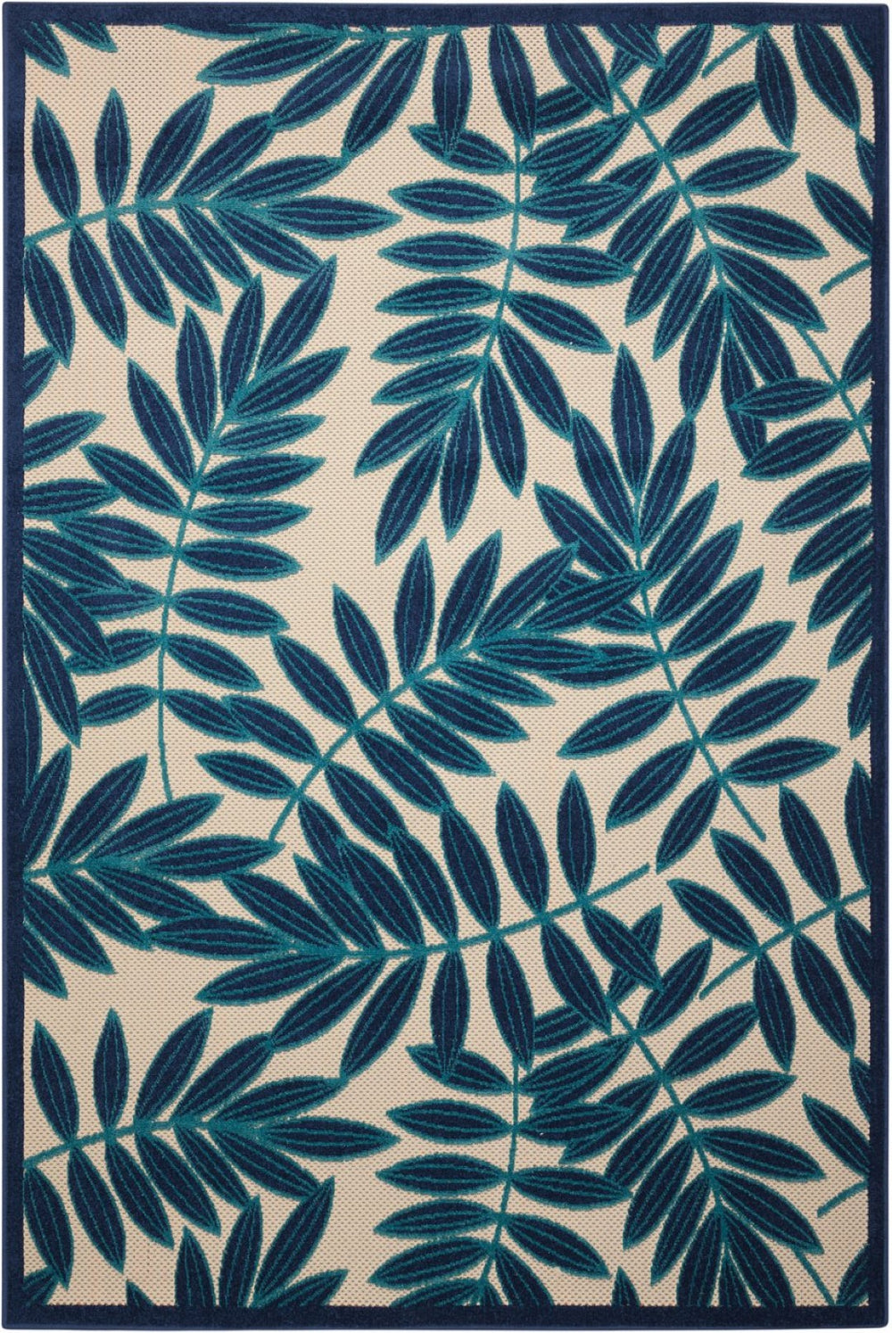 HomeRoots 5' Navy Blue & Ivory Palm Leaf Area Rug - Durable Indoor/Outdoor Flatwoven Design for Coastal Style 546665