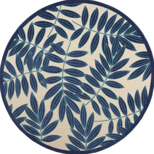 HomeRoots 5' Navy Blue and Beige Round Palm Leaf Rug - Durable Indoor Outdoor Area Rug for Coastal Charm 8' Round 546666