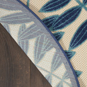 HomeRoots 5' Navy Blue and Beige Round Palm Leaf Rug - Durable Indoor Outdoor Area Rug for Coastal Charm 8' Round 546666